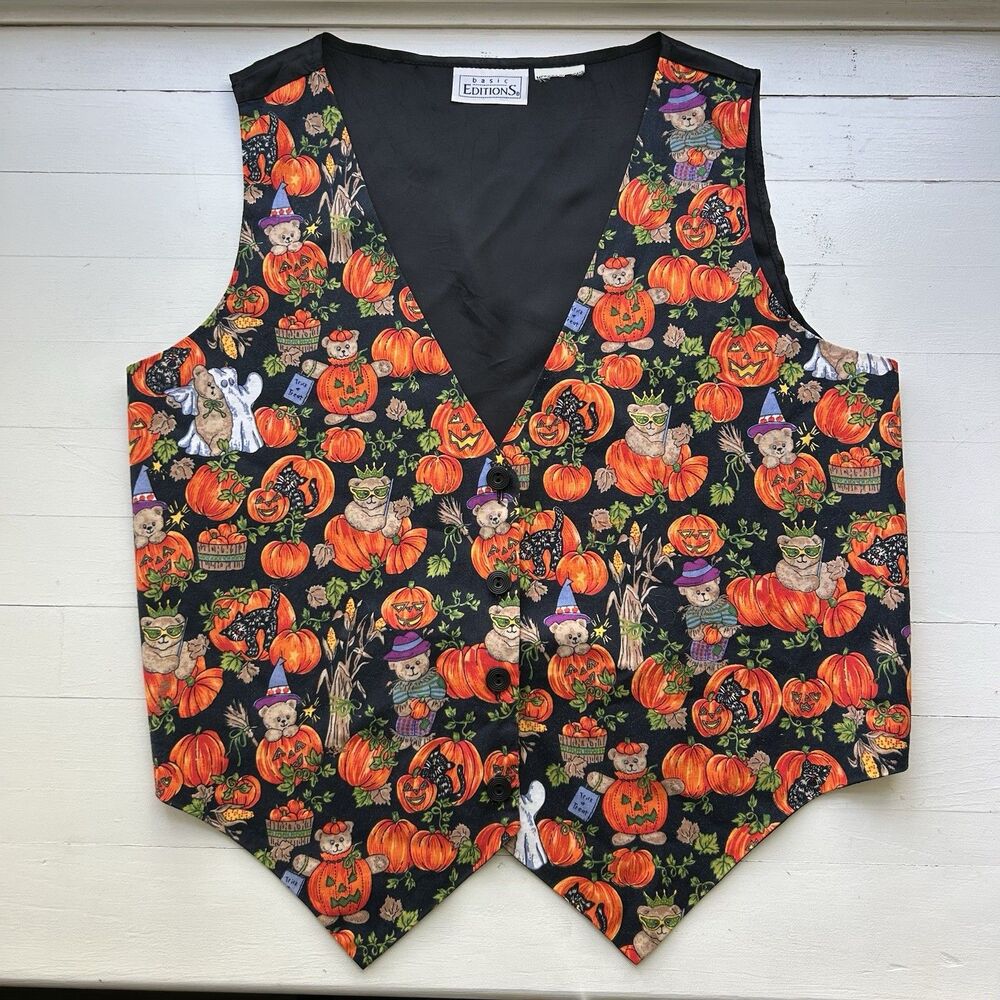 Vintage 90's Basic Editions Womens Halloween Vest Ghost Pumpkin Bear Boo Size L